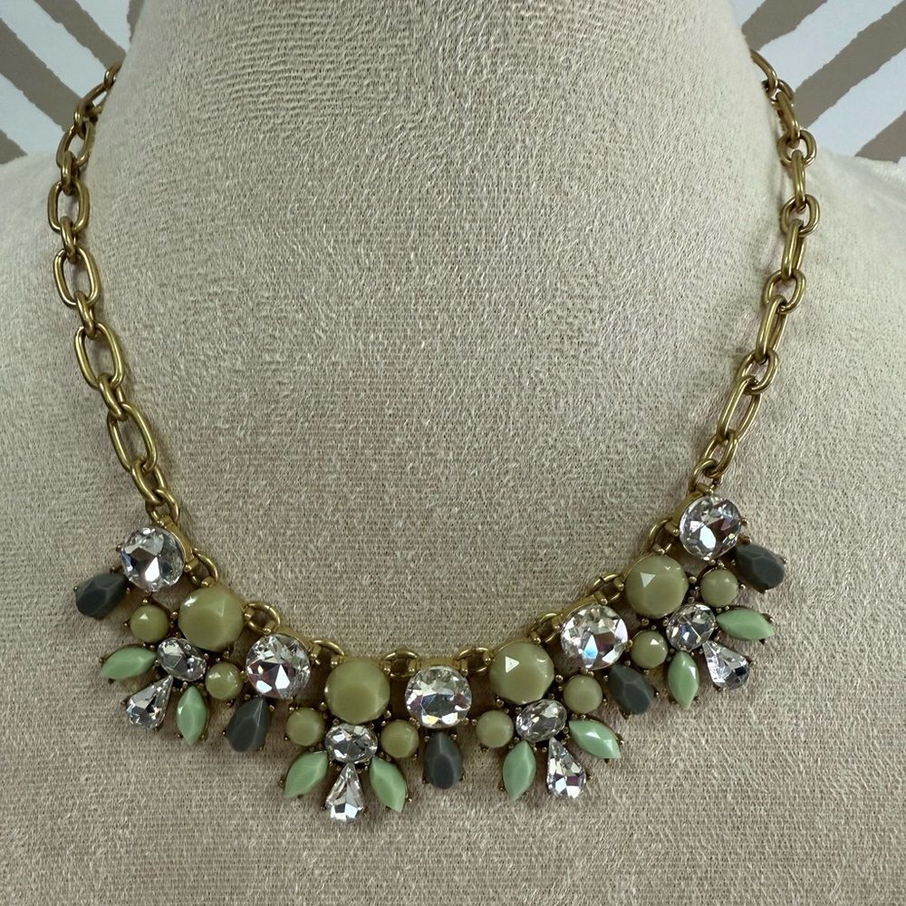 J Crew Green Clear Crystal Gold Necklace